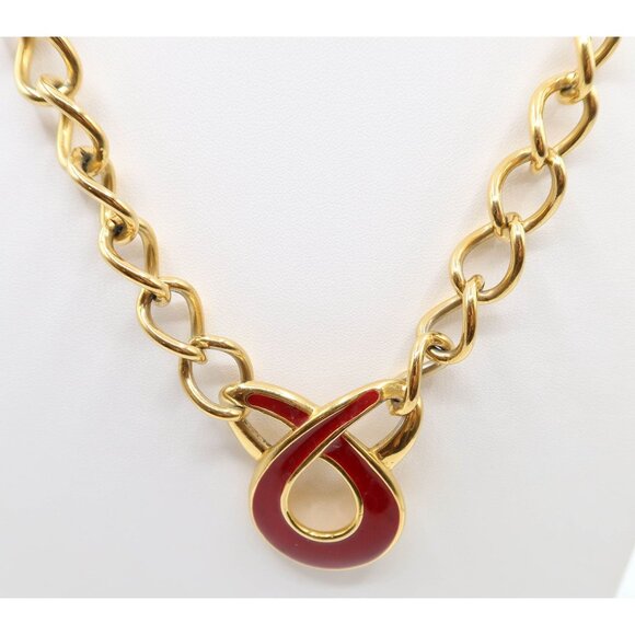 NAPIER Vintage Red Enamel Gold Tone Chain Pendant Necklace Chunky Swirl Knot 23" - Picture 2 of 12